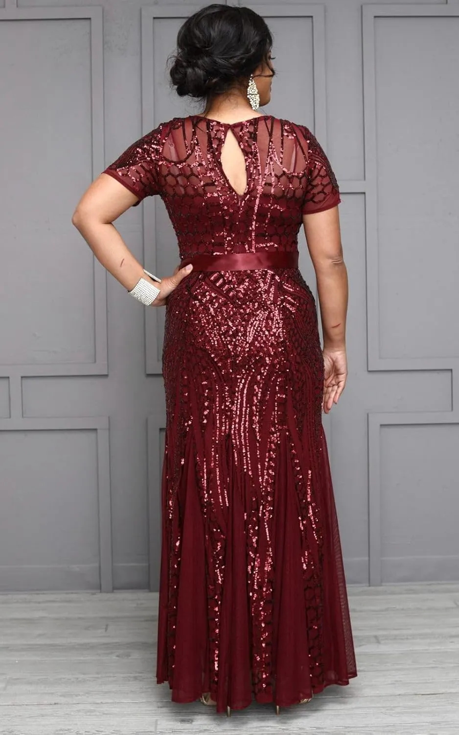 R&M Richards Womens Plus Formal Sequined Evening Dress