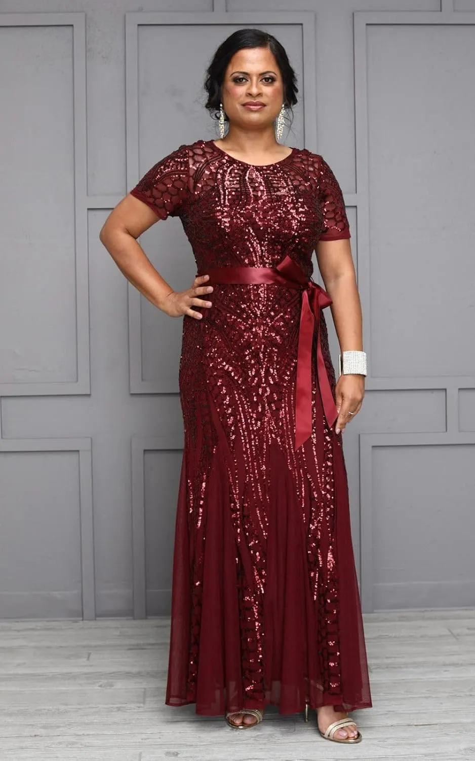 R&M Richards Womens Plus Formal Sequined Evening Dress