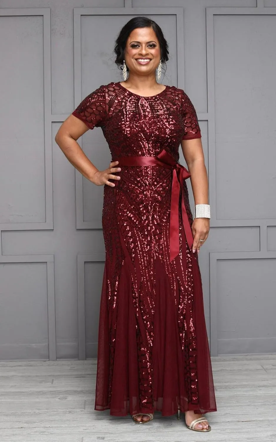 R&M Richards Womens Plus Formal Sequined Evening Dress