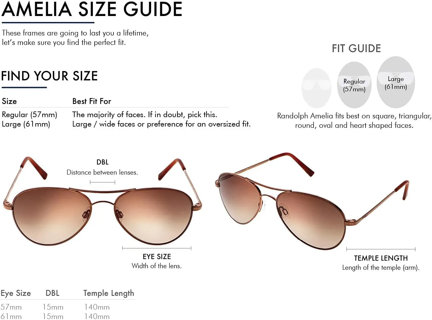 Randolph USA | Amelia Aviator Authentic Sunglasses for Women Non-Polarized 100% UV