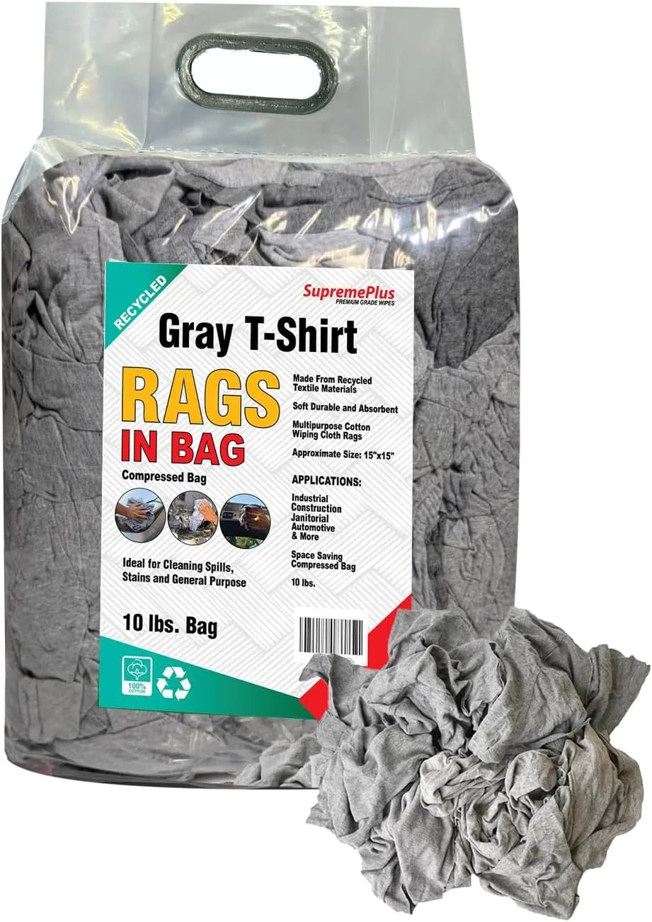 Recycled Gray T-Shirt Rags – Shop Bulk Cleaning Rags, Cotton Rags for Cleaning, Dusting & Polishing, for House, Wood, Paint, Oil, Window (10 lbs. Bag)