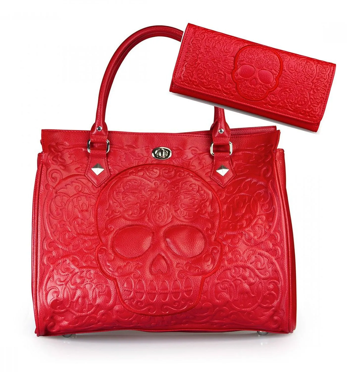 Red on Red Lattice Sugar Skull Embossed Handbag & Wallet SET