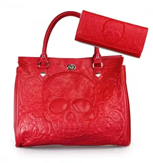 Red on Red Lattice Sugar Skull Embossed Handbag & Wallet SET