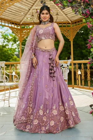 Regal Sequins Embroidered Rose Gold Satin Wedding Lehenga Choli