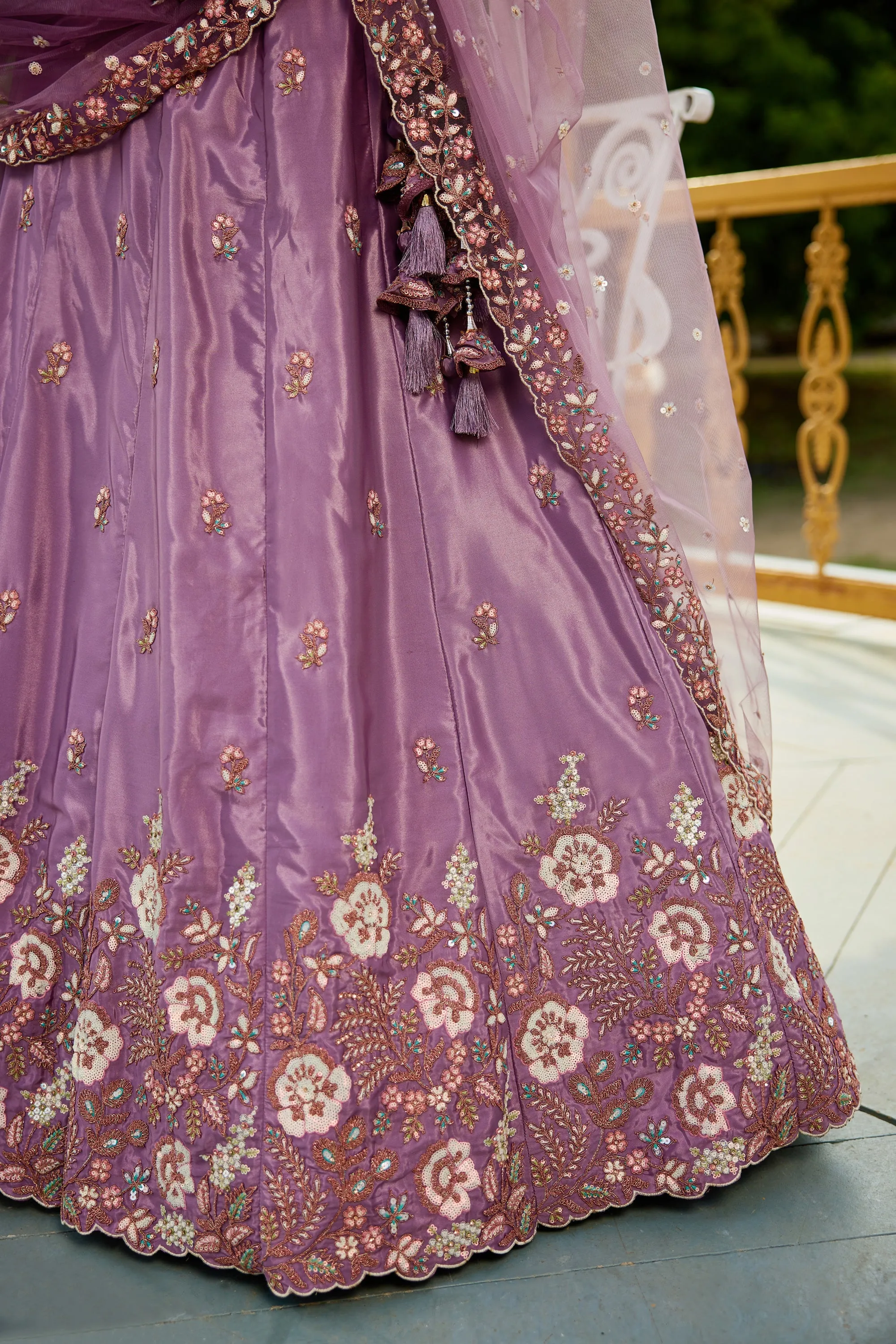 Regal Sequins Embroidered Rose Gold Satin Wedding Lehenga Choli