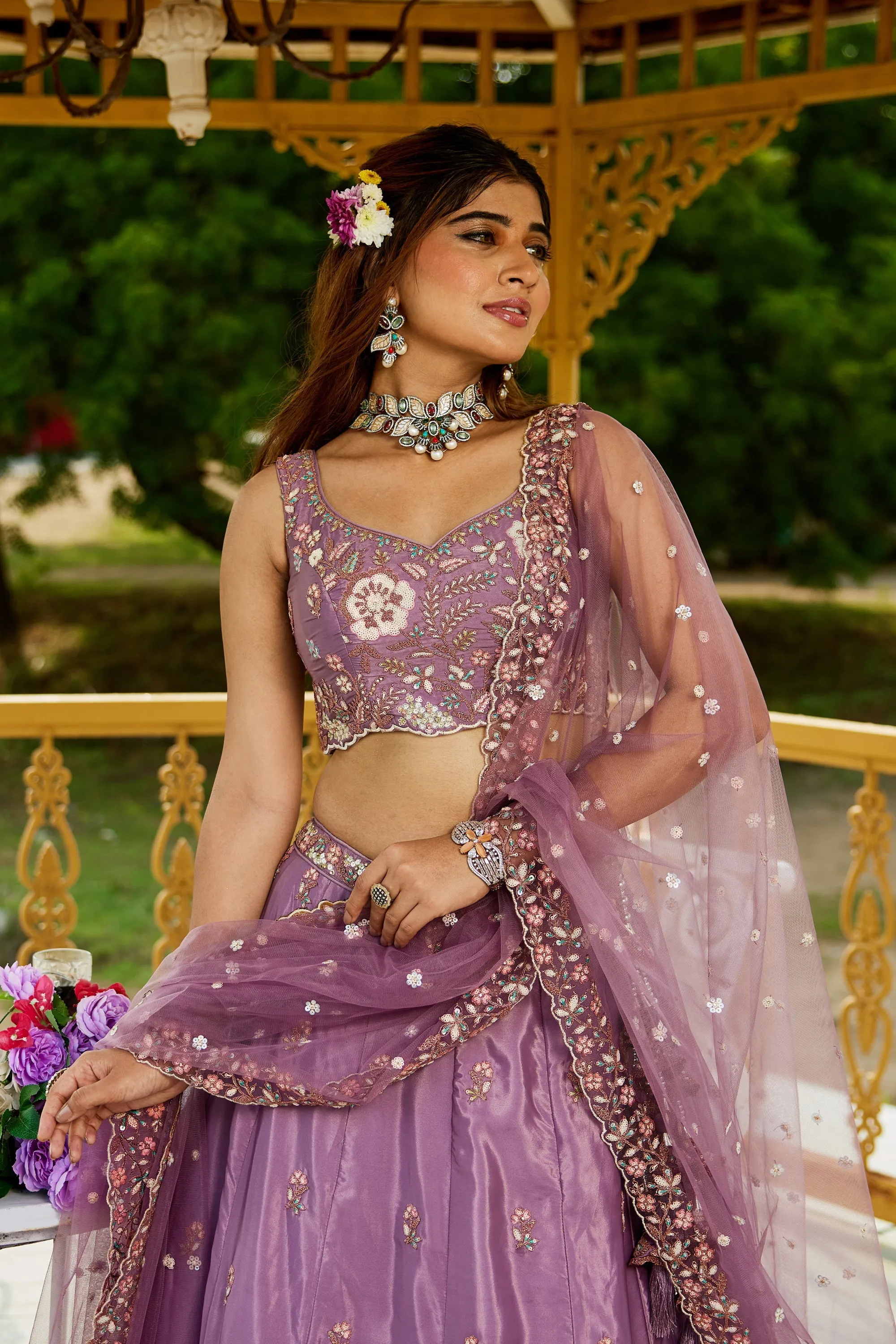 Regal Sequins Embroidered Rose Gold Satin Wedding Lehenga Choli