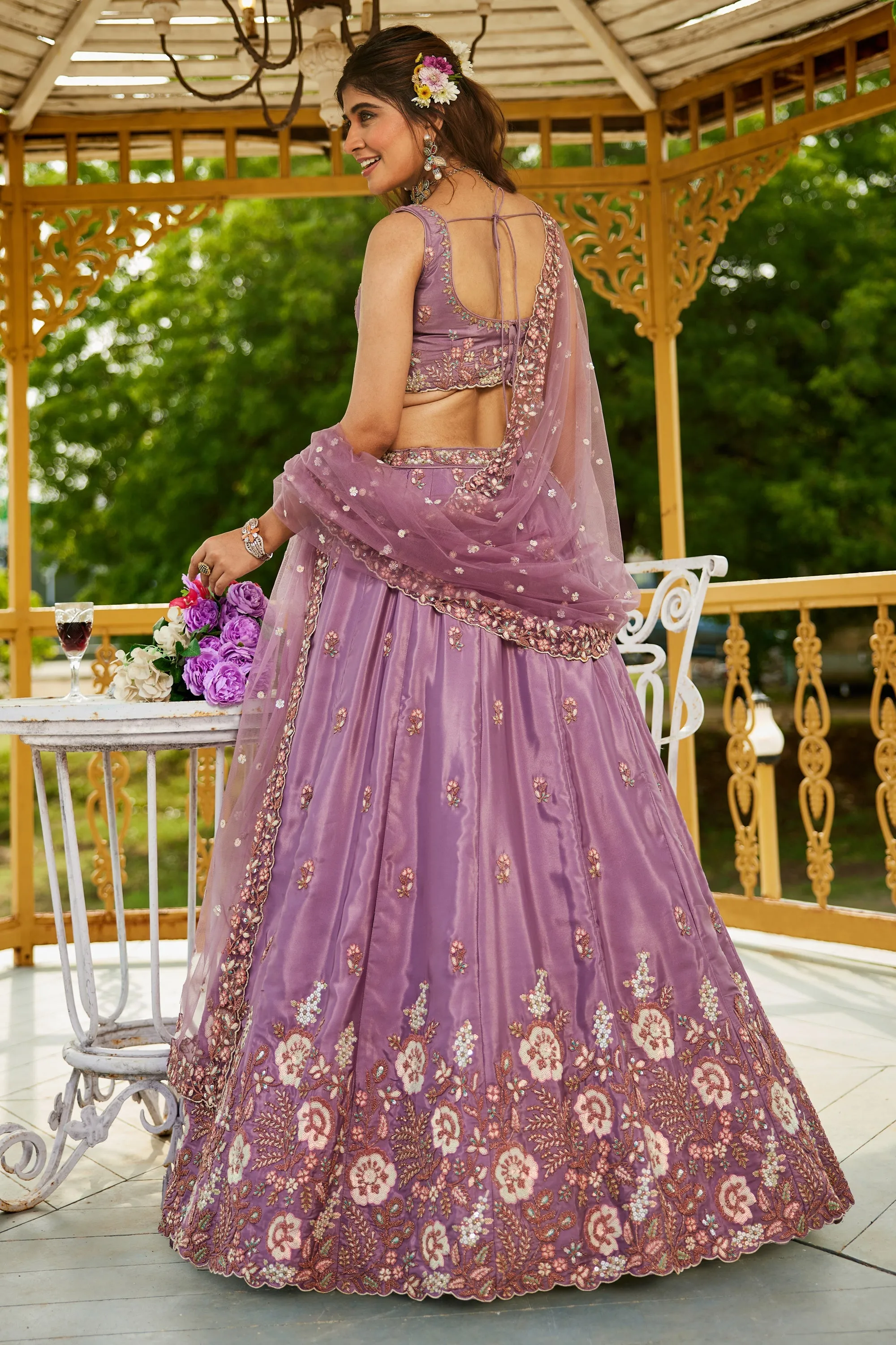 Regal Sequins Embroidered Rose Gold Satin Wedding Lehenga Choli