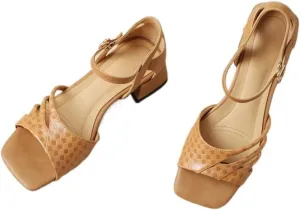 Retro Embossed Leather Full Leather Hollow Square Toe Back Wrap Line Buckle Sandals for Women