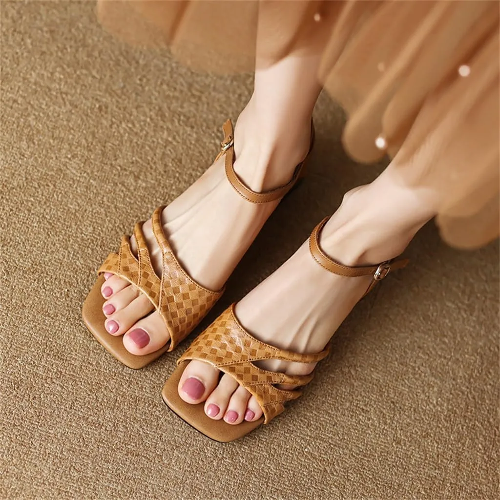 Retro Embossed Leather Full Leather Hollow Square Toe Back Wrap Line Buckle Sandals for Women