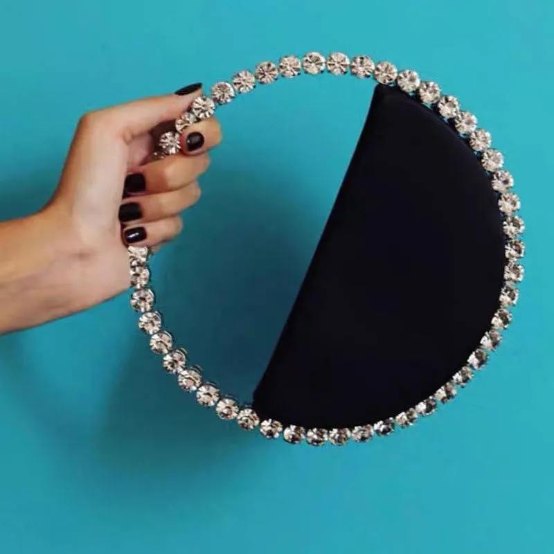 Rhinestone Circular Satin Clutch Bag in Black