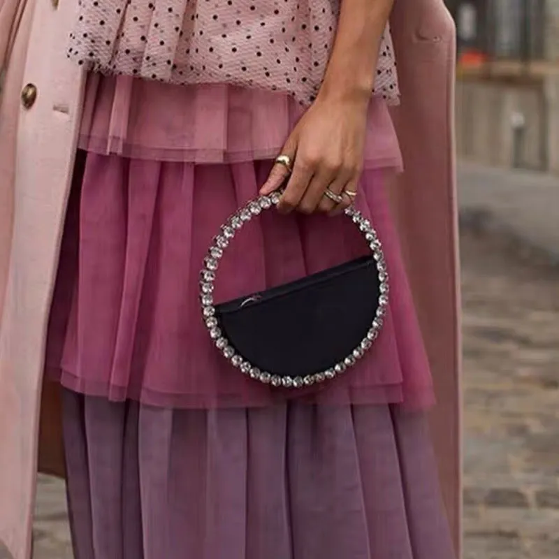 Rhinestone Circular Satin Clutch Bag in Black