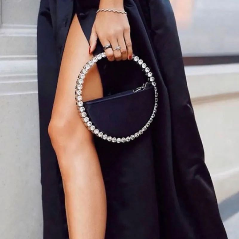 Rhinestone Circular Satin Clutch Bag in Black