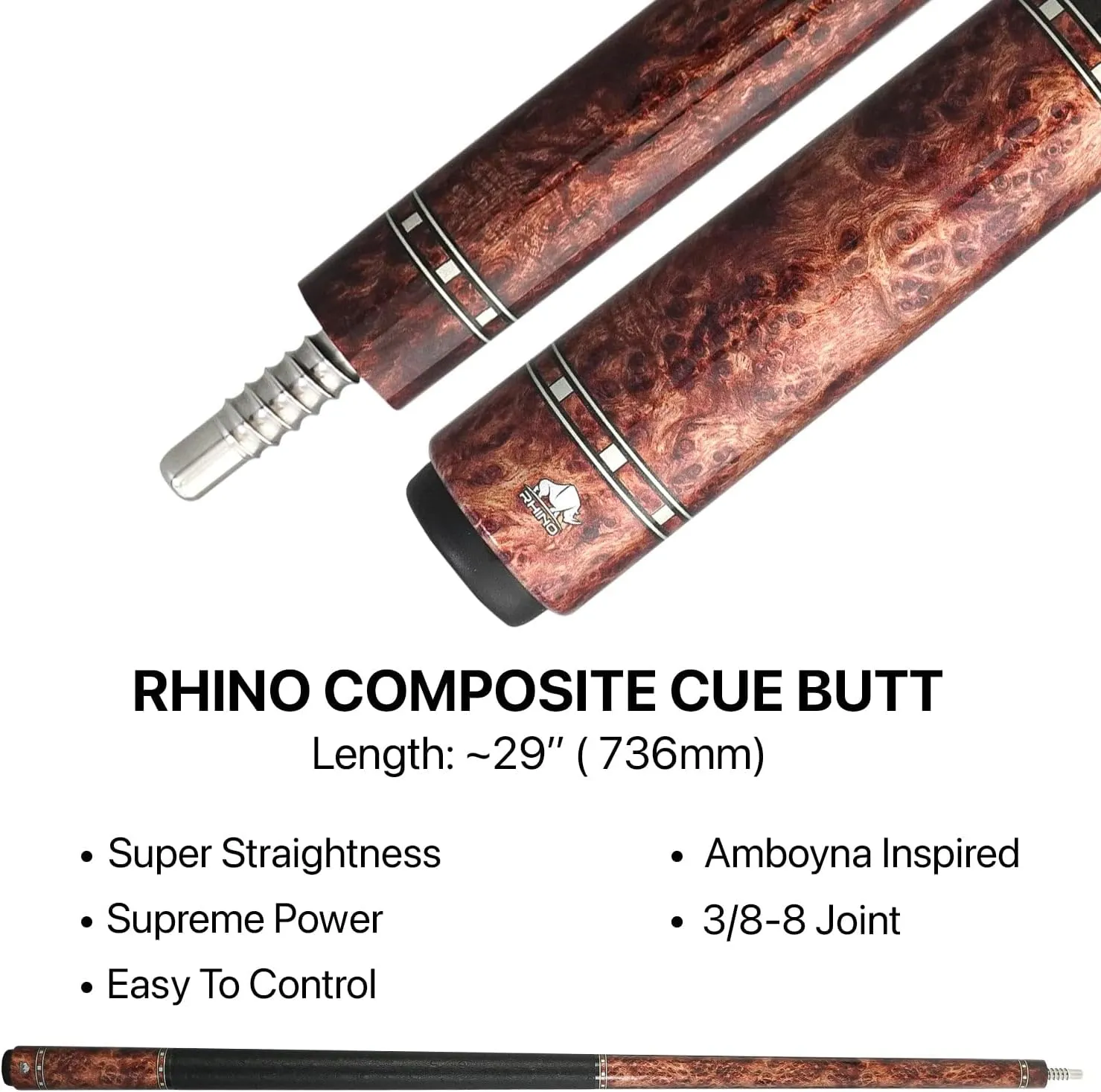RHINO G-w Series Pool Cue - Amboyna, Bocote, Ebony, Snakewood, Thuya - 3/8-8 Joint - 12.5 mm Tip Diameter