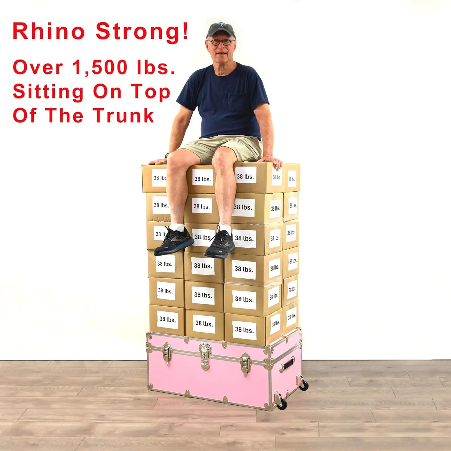 Rhino Trunk & Case XL Leather Embossed Vinyl Trunk with Removable Wheels, Summer Camp, College, Storage 34"x20"x15" (Pink)