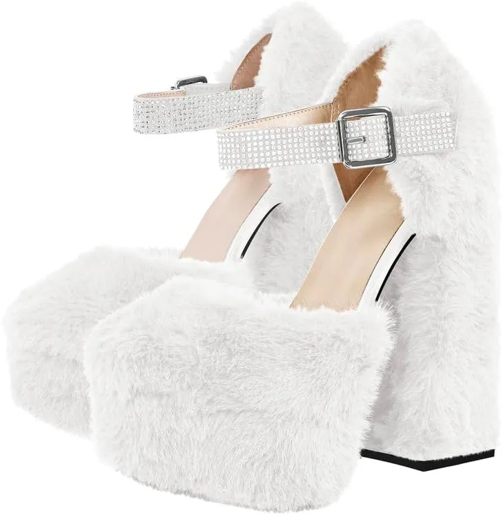 richealnini Women's Platform Heel Pumps Rhinestones Ankle Strap Buckle Up Block Heels Wedding Evening Party Dress