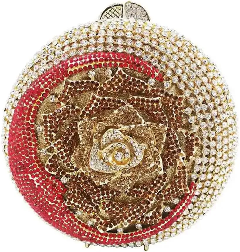 RomanticDesign Women Moon Flower Evening Bag Round Luxury Sparkly Rhinestone Bride Clutch Handbag Party Prom Banquet Purse