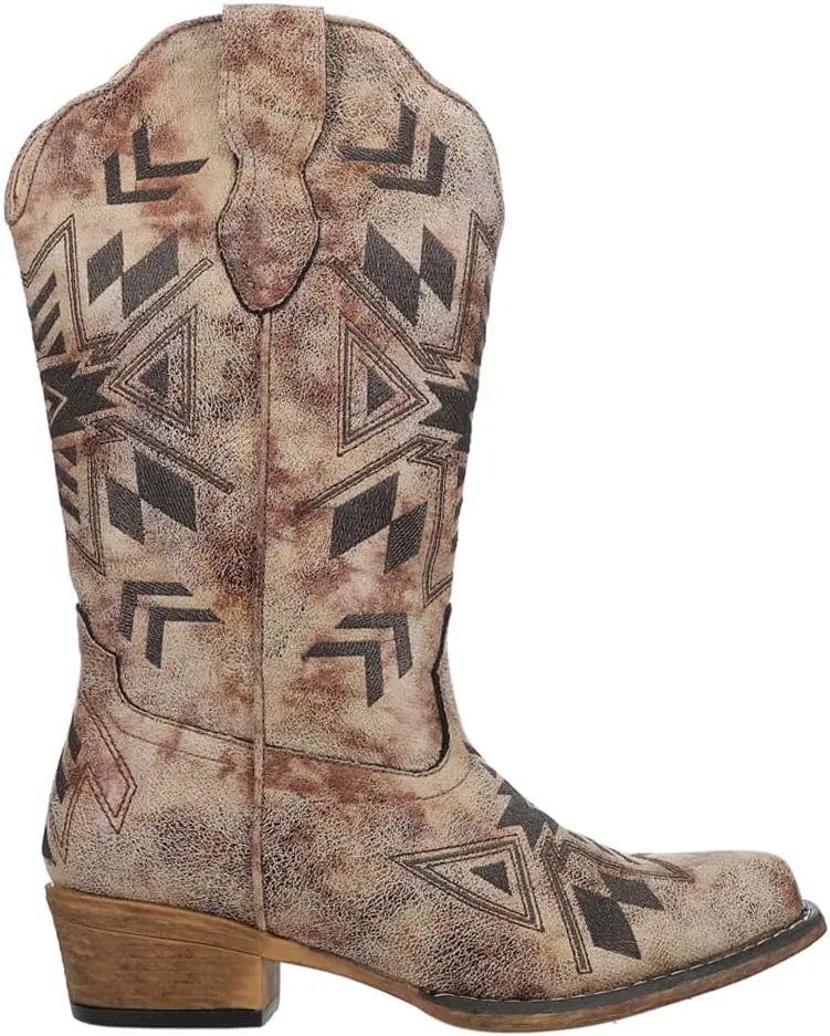 ROPER Womens Riley Aztec Embroidered Snip Toe Casual Boots Mid Calf Low Heel 1-2" - Brown