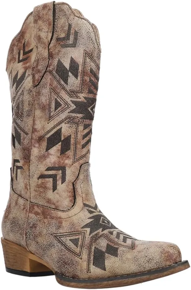 ROPER Womens Riley Aztec Embroidered Snip Toe Casual Boots Mid Calf Low Heel 1-2" - Brown