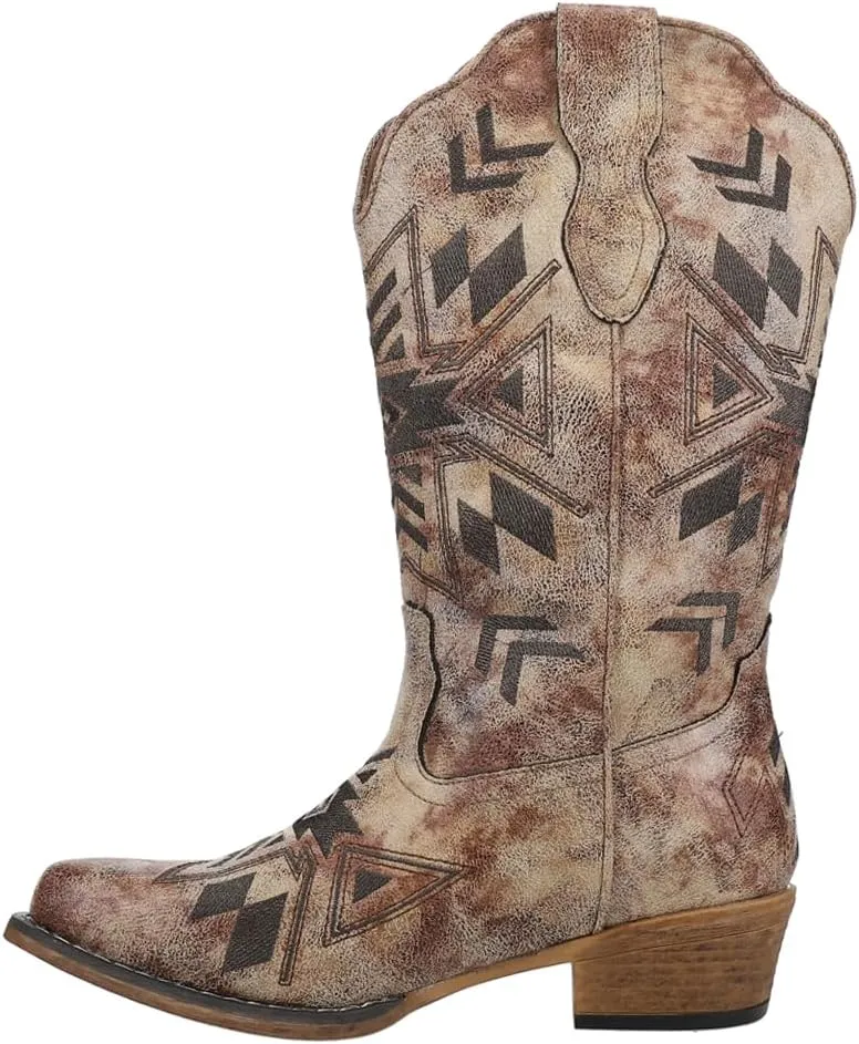 ROPER Womens Riley Aztec Embroidered Snip Toe Casual Boots Mid Calf Low Heel 1-2" - Brown