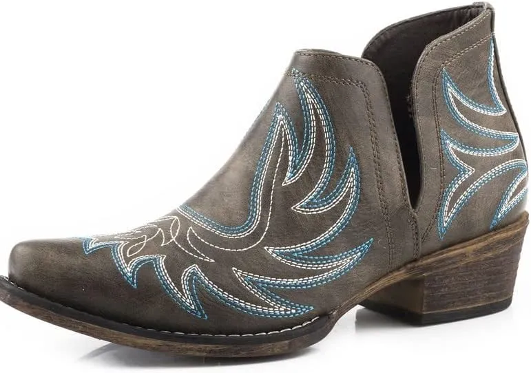 ROPER Womens Riley Shorty Embroidered Snip Toe Casual Boots Ankle Low Heel 1-2" - Black
