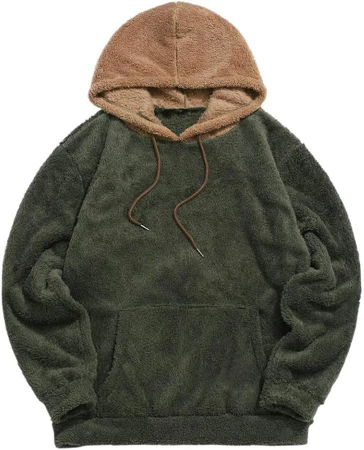 Runcati Mens Fuzzy Sherpa Pullover Hoodie Sweatshirts Long Sleeve Sport Front Pocket Military Fall Outwear Winter Hooded