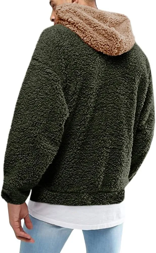 Runcati Mens Fuzzy Sherpa Pullover Hoodie Sweatshirts Long Sleeve Sport Front Pocket Military Fall Outwear Winter Hooded