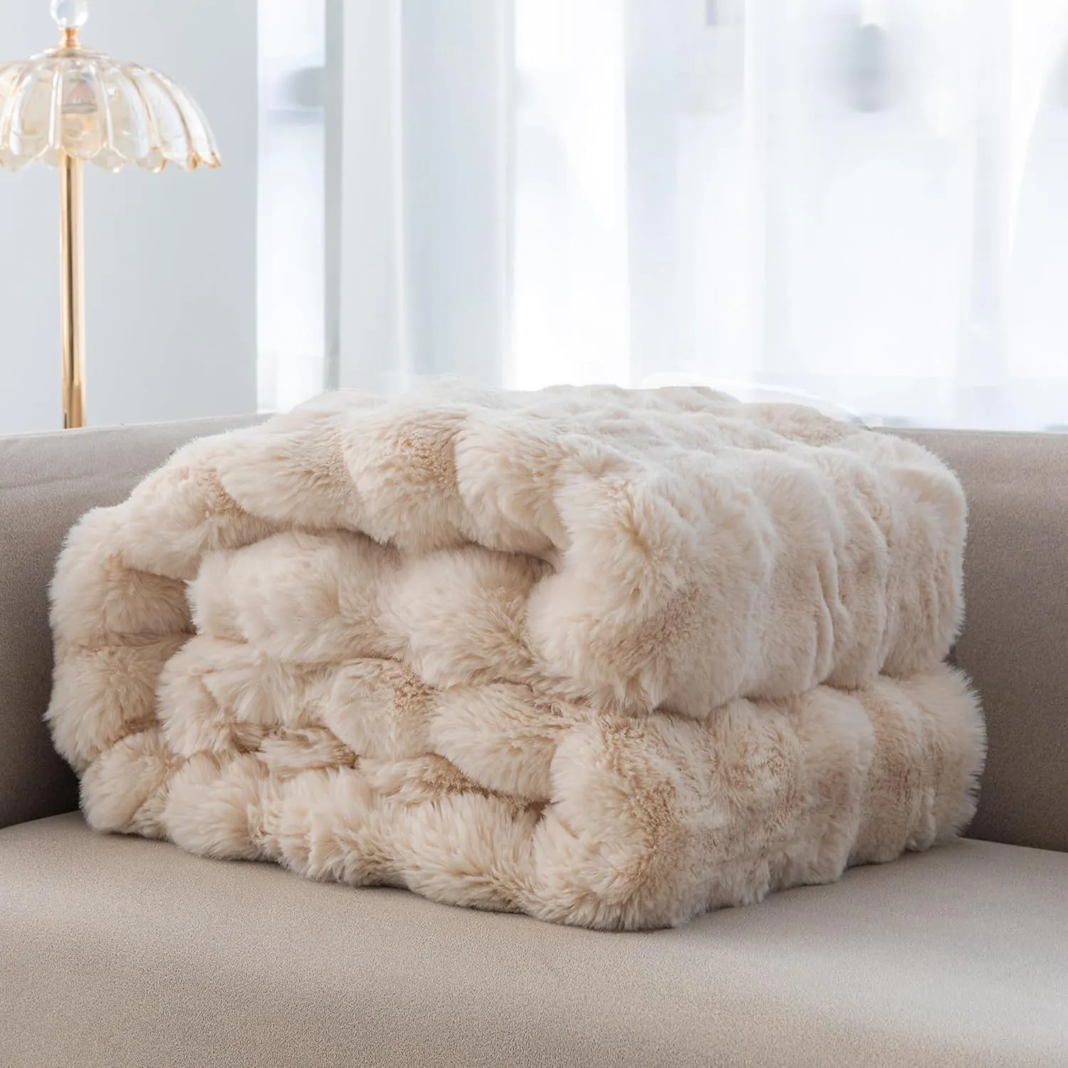RYNGHIPY Faux Rabbit Fur Bed Throws, Fluffy Warm Throw Blanket for Sofa Couch, Soft Plush Decorative Blanket Thick and Heavy, Cute Bubble Furry Blanket (Camel, 51''x63'')