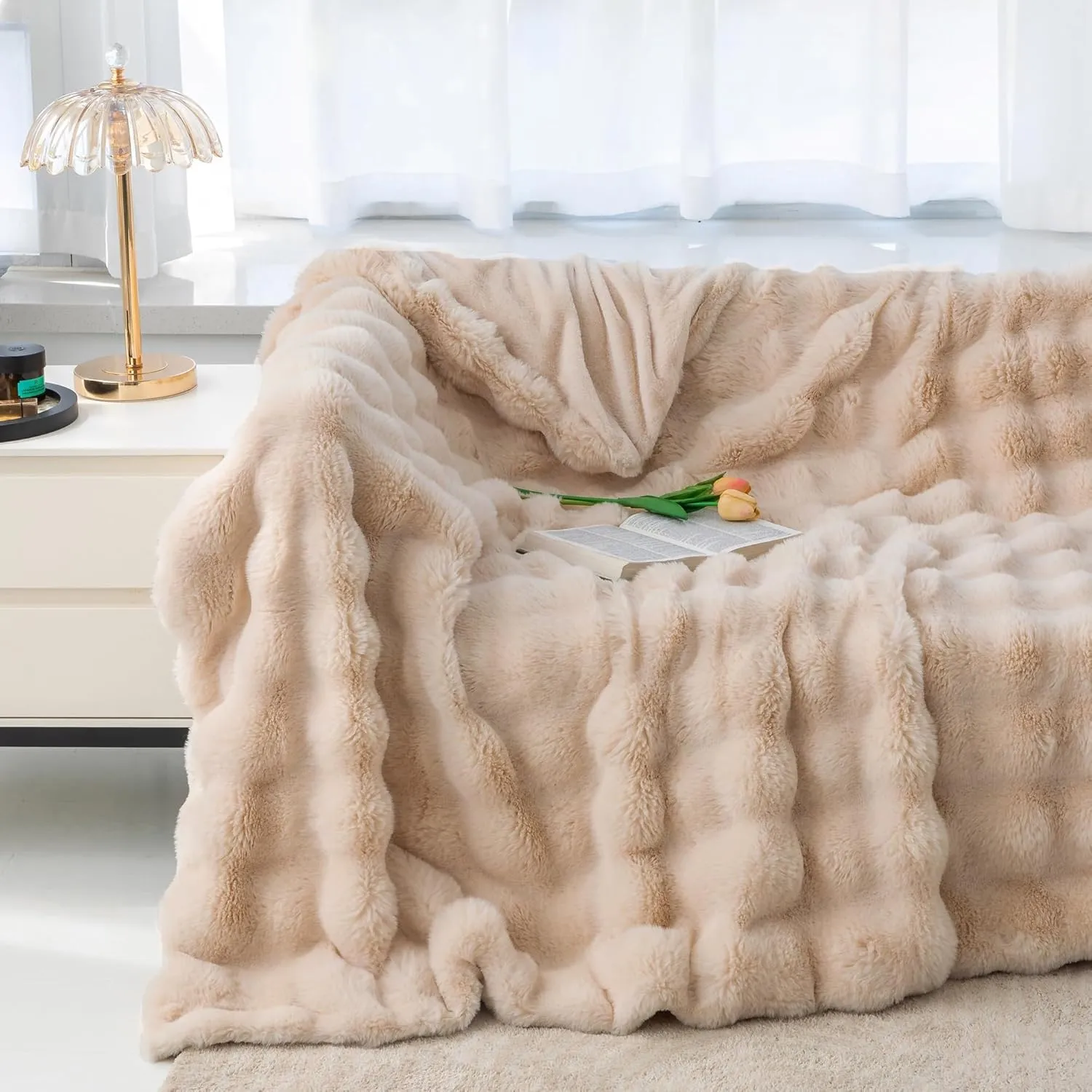 RYNGHIPY Faux Rabbit Fur Bed Throws, Fluffy Warm Throw Blanket for Sofa Couch, Soft Plush Decorative Blanket Thick and Heavy, Cute Bubble Furry Blanket (Camel, 51''x63'')