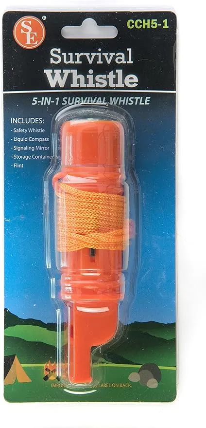 SE 5-in-1 Orange Survival Whistle with Compass, Signaling Mirror, Lanyard, and Fire Starter - 112dB, 4.5-Inch Length - Ideal for Hiking, Camping, Emergencies - CCH5-1