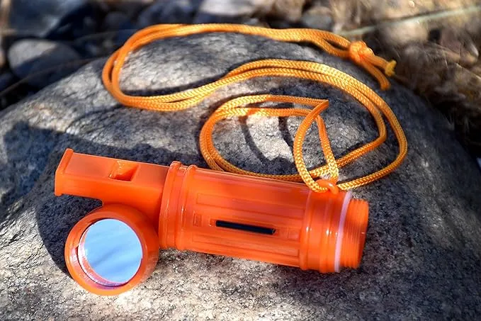 SE 5-in-1 Orange Survival Whistle with Compass, Signaling Mirror, Lanyard, and Fire Starter - 112dB, 4.5-Inch Length - Ideal for Hiking, Camping, Emergencies - CCH5-1