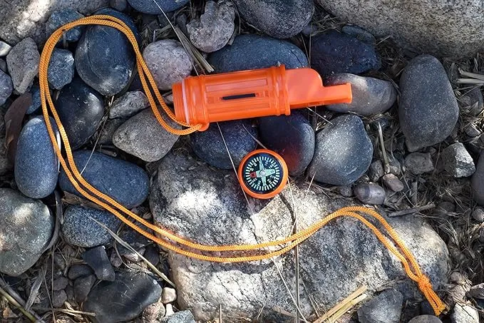 SE 5-in-1 Orange Survival Whistle with Compass, Signaling Mirror, Lanyard, and Fire Starter - 112dB, 4.5-Inch Length - Ideal for Hiking, Camping, Emergencies - CCH5-1