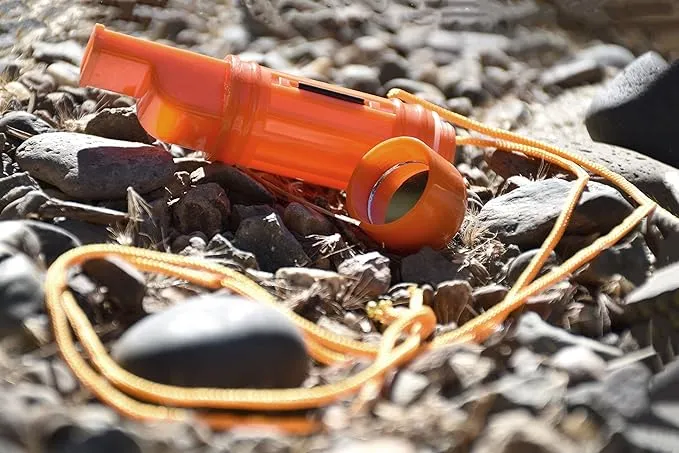 SE 5-in-1 Orange Survival Whistle with Compass, Signaling Mirror, Lanyard, and Fire Starter - 112dB, 4.5-Inch Length - Ideal for Hiking, Camping, Emergencies - CCH5-1