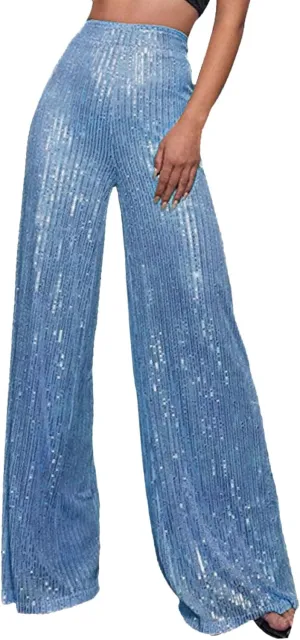 Sequin Pants Women Sparkly Glitter Flowy High Waist Wide Leg Palazzo Pants Party Club Long Trousers Bling Leggings