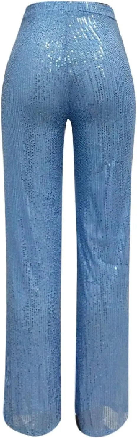 Sequin Pants Women Sparkly Glitter Flowy High Waist Wide Leg Palazzo Pants Party Club Long Trousers Bling Leggings