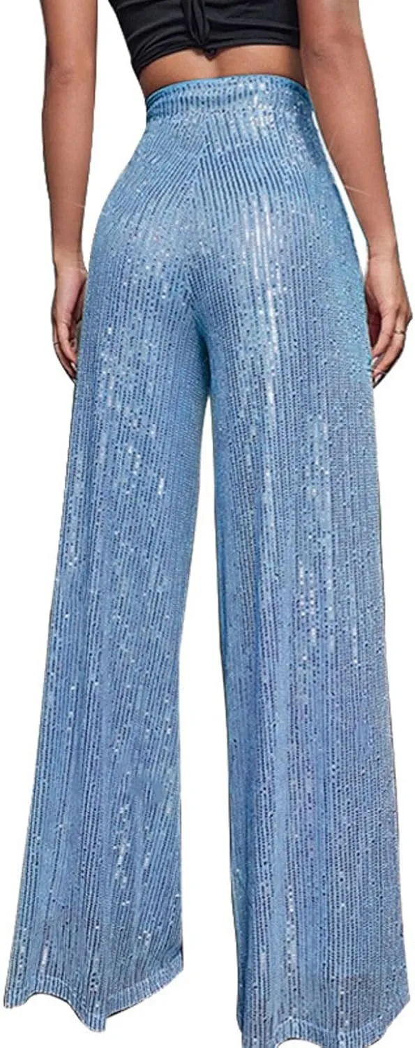 Sequin Pants Women Sparkly Glitter Flowy High Waist Wide Leg Palazzo Pants Party Club Long Trousers Bling Leggings