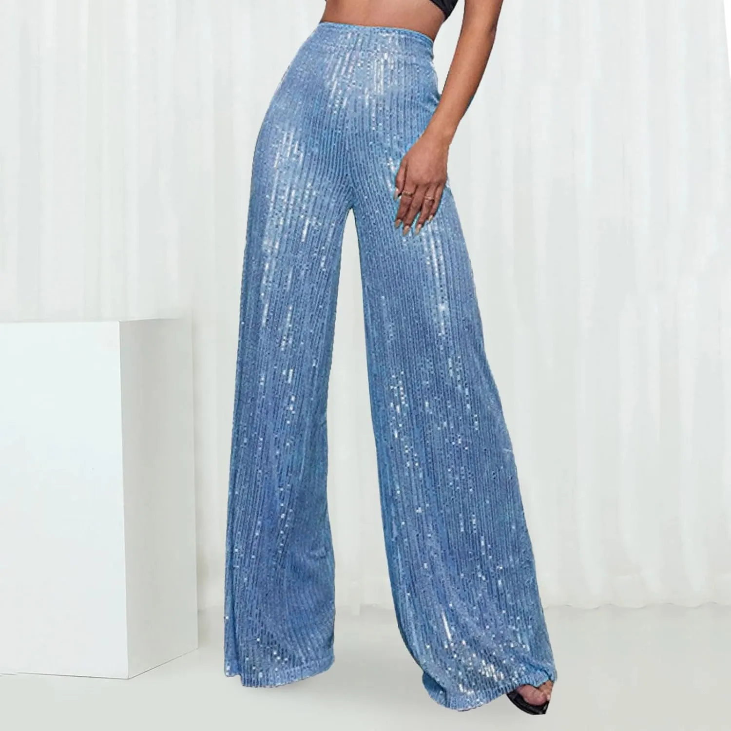 Sequin Pants Women Sparkly Glitter Flowy High Waist Wide Leg Palazzo Pants Party Club Long Trousers Bling Leggings