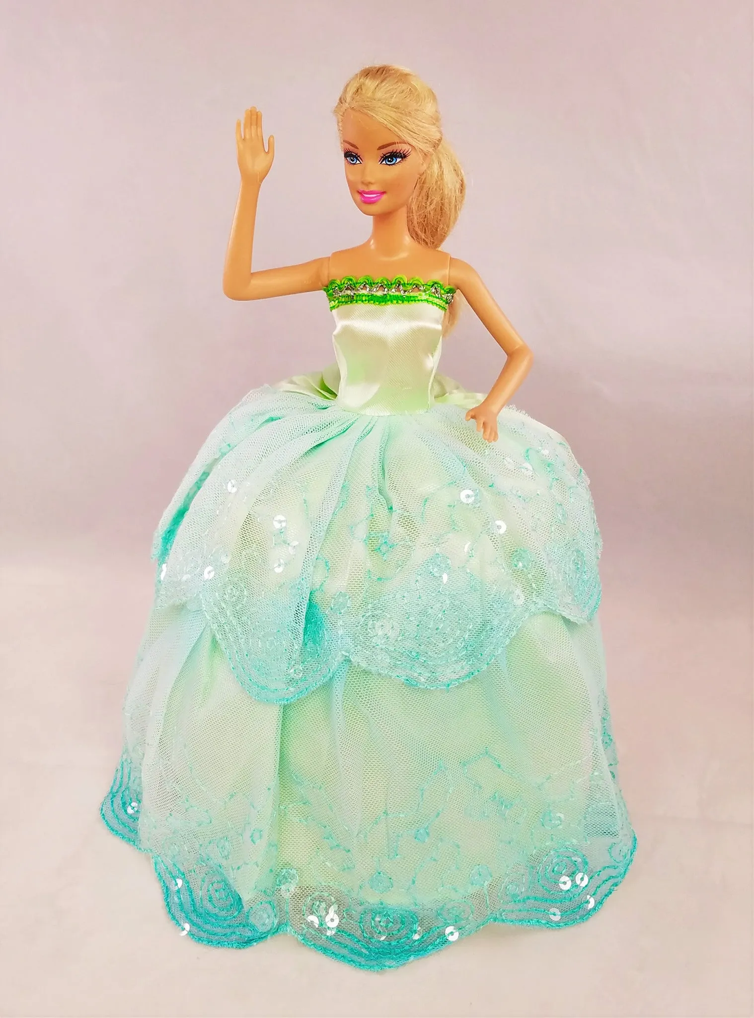 Sequined Blue and Green Barbie Dress with Silver Trim
