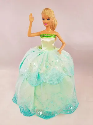 Sequined Blue and Green Barbie Dress with Silver Trim