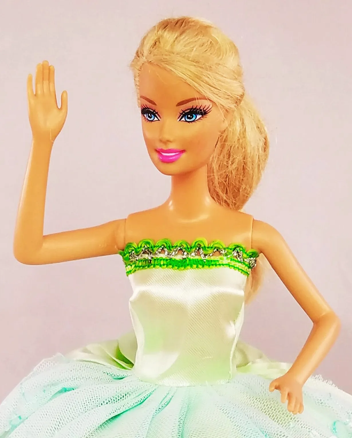 Sequined Blue and Green Barbie Dress with Silver Trim