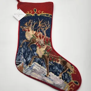 Sferra Needlepoint Reindeer Christmas Stocking Hand Stitched Wool Velvet Back 9.5"x 19"