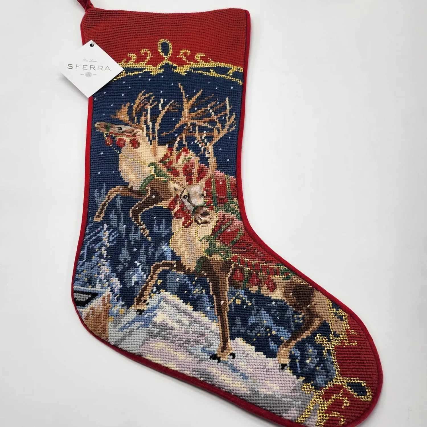 Sferra Needlepoint Reindeer Christmas Stocking Hand Stitched Wool Velvet Back 9.5"x 19"