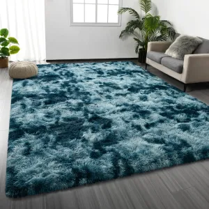 Shag Area Rug, 4 X 6 Tie-Dyed Plush Fuzzy Rugs for Living Room, Ultra Soft Fluffy Furry Rug for Bedroom, Indoor Carpet Nursery Rugs for Kids Room Home Decor, Peacock Blue