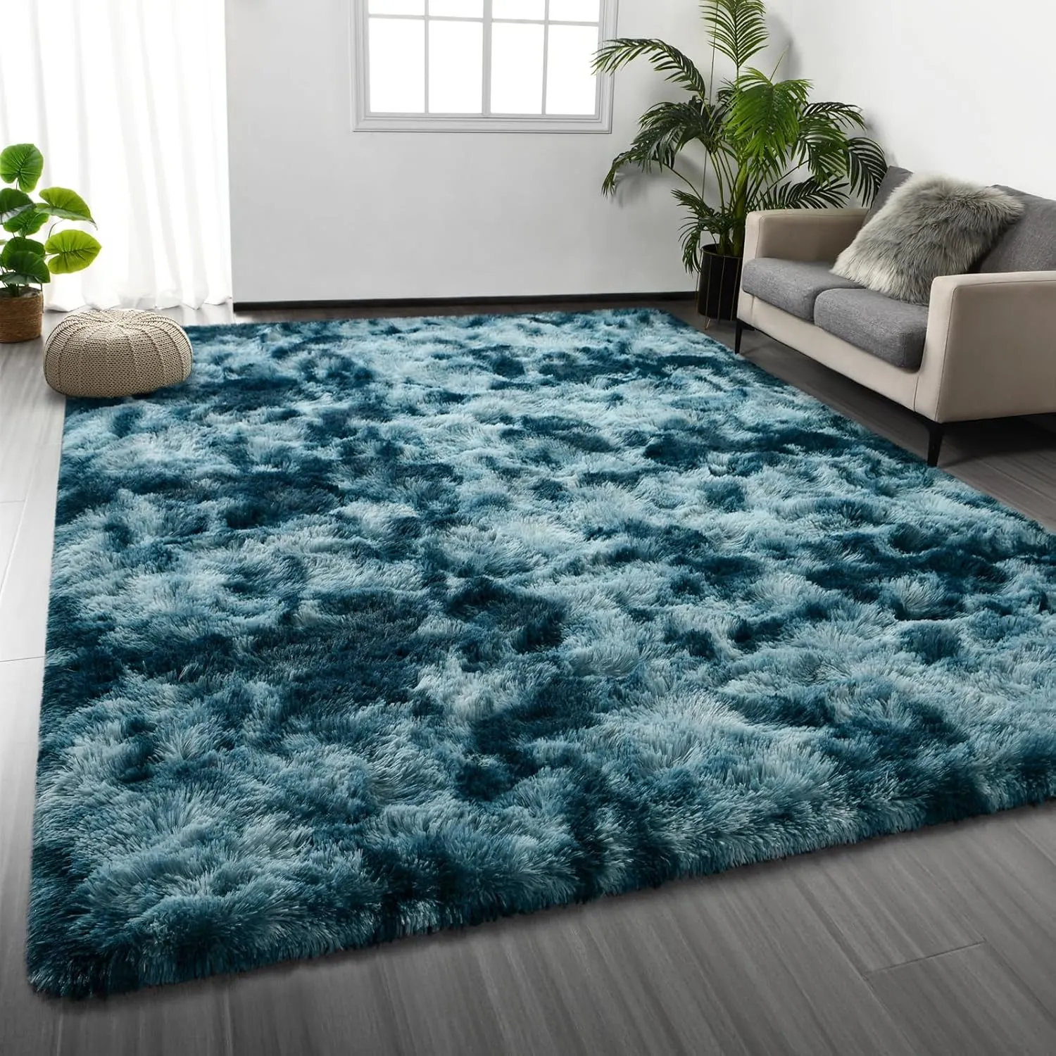Shag Area Rug, 4 X 6 Tie-Dyed Plush Fuzzy Rugs for Living Room, Ultra Soft Fluffy Furry Rug for Bedroom, Indoor Carpet Nursery Rugs for Kids Room Home Decor, Peacock Blue