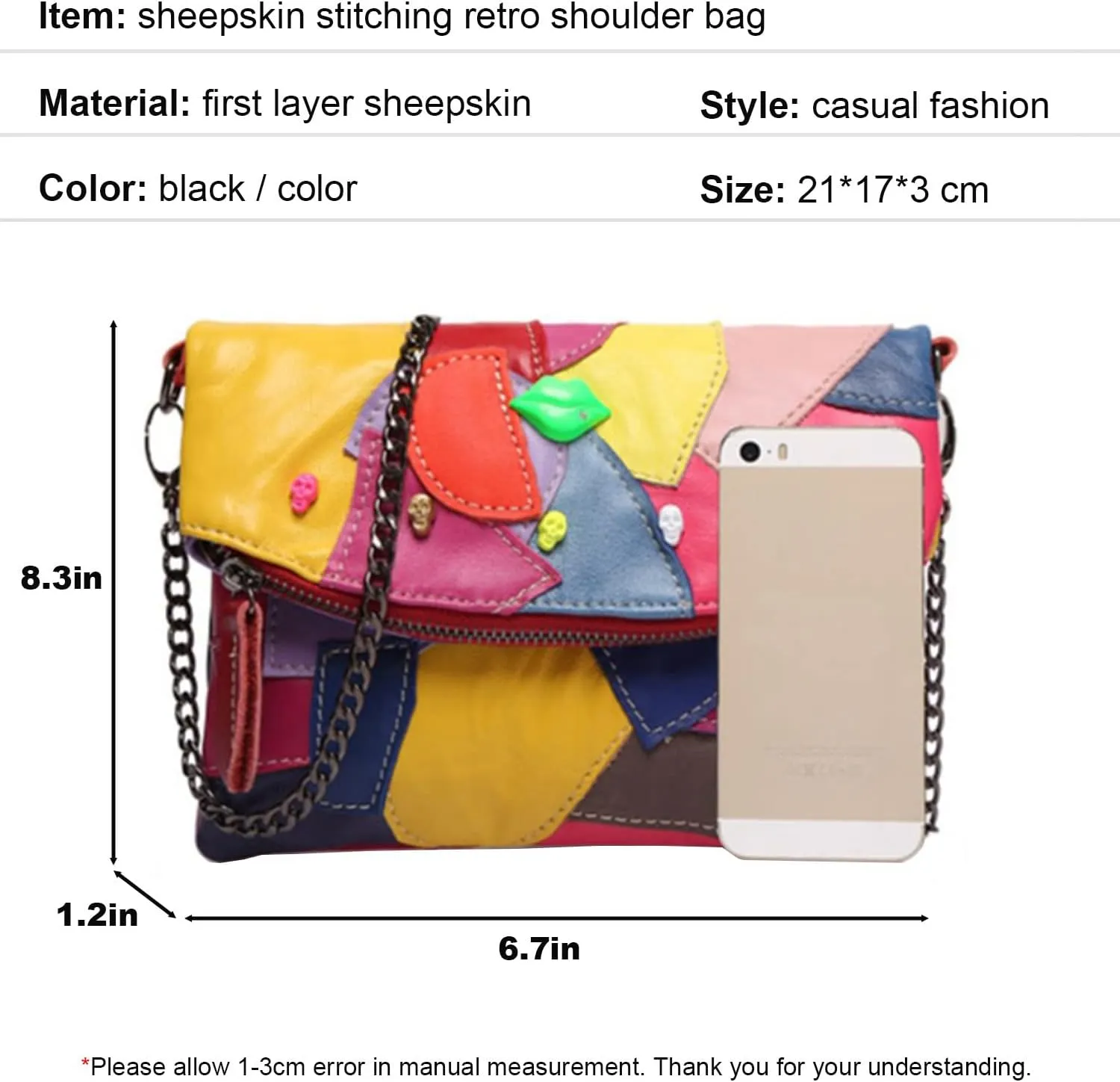 Sheepskin Patchwork bag, Multicolour Patchwork Shoulder Bag, Crossbody Shoulder Bag, Sheepskin Hobo Bag