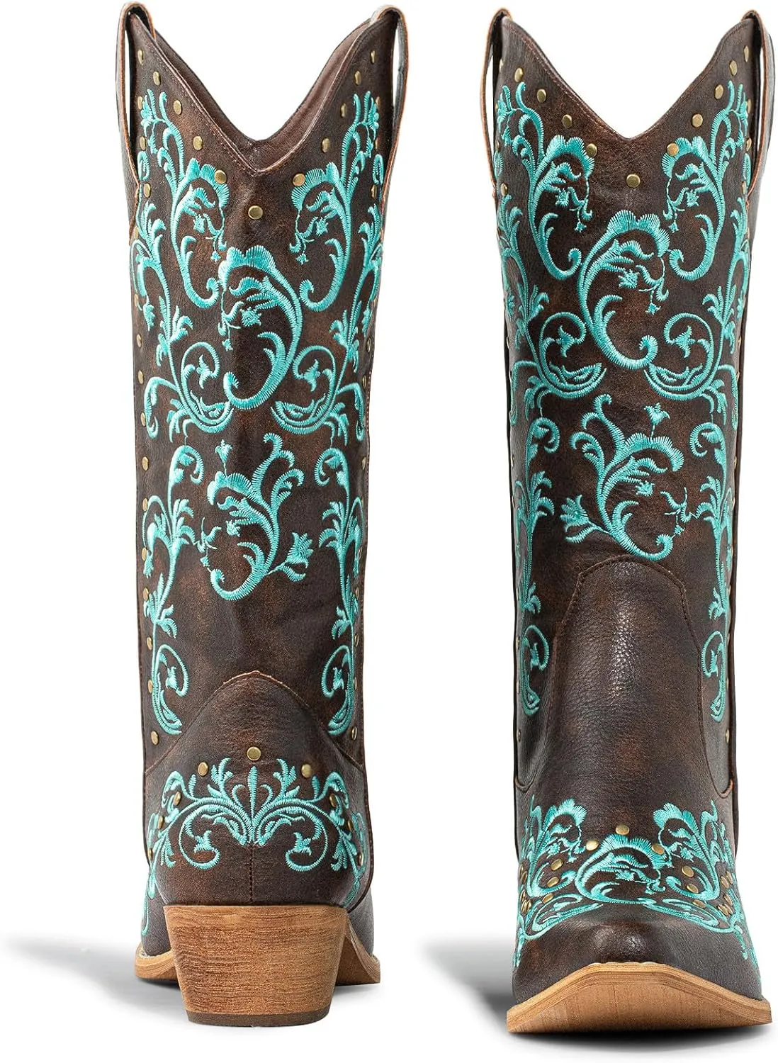 SheSole Women's Cowboy Boots Fashion Floral Embroidered Studed Style Wide Calf Cowgirl Boot Snip Toe