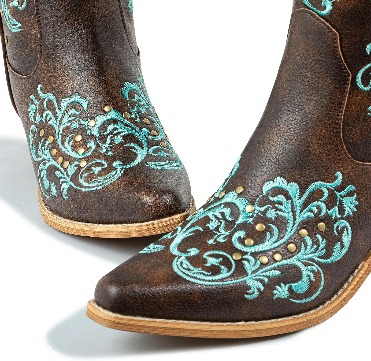 SheSole Women's Cowboy Boots Fashion Floral Embroidered Studed Style Wide Calf Cowgirl Boot Snip Toe