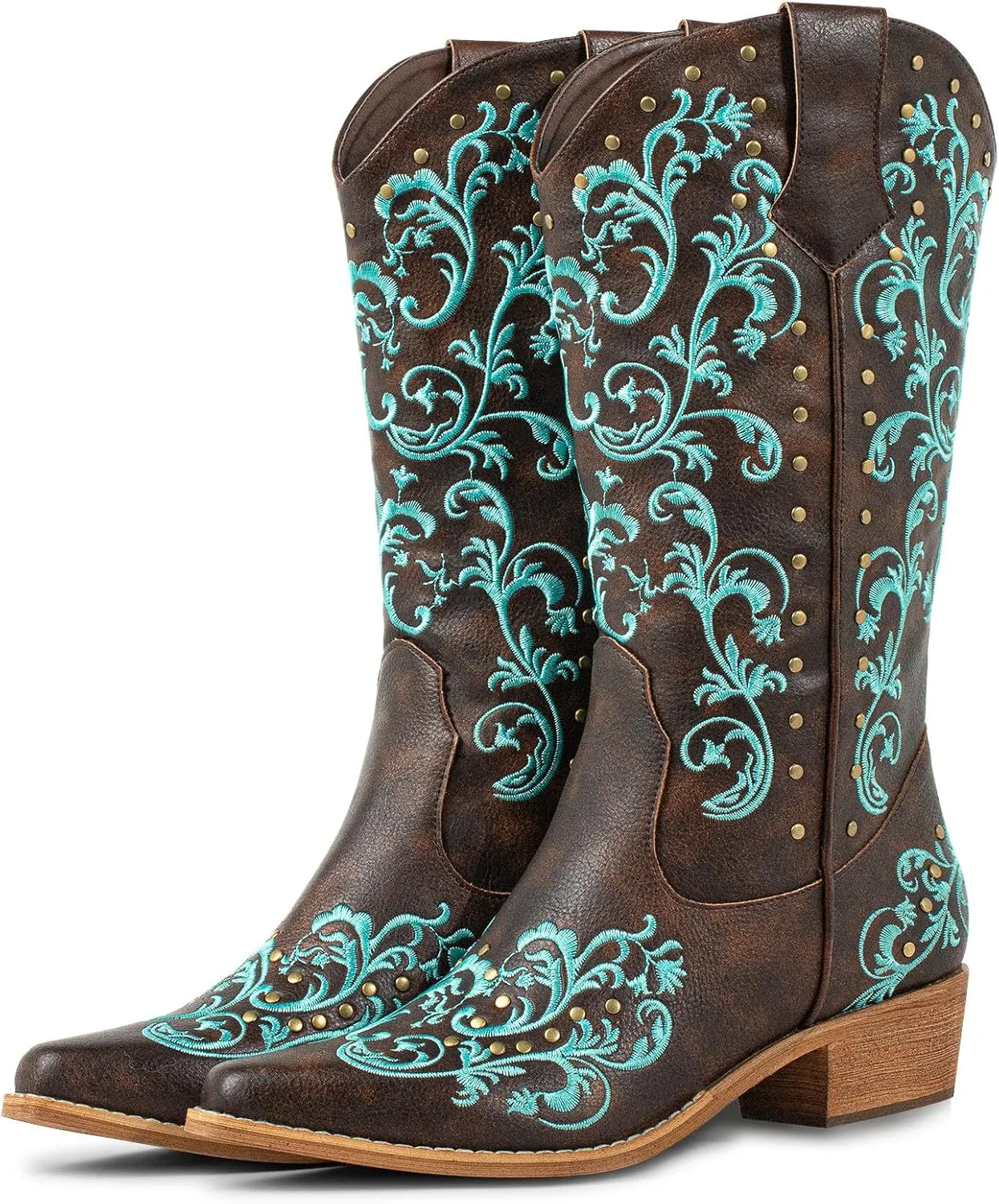 SheSole Women's Cowboy Boots Fashion Floral Embroidered Studed Style Wide Calf Cowgirl Boot Snip Toe