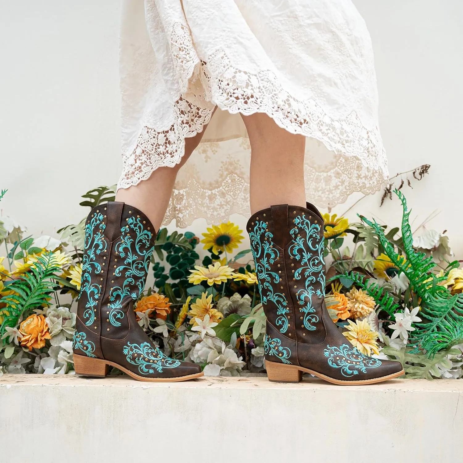 SheSole Women's Cowboy Boots Fashion Floral Embroidered Studed Style Wide Calf Cowgirl Boot Snip Toe