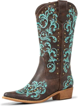 SheSole Women's Cowboy Boots Fashion Floral Embroidered Studed Style Wide Calf Cowgirl Boot Snip Toe