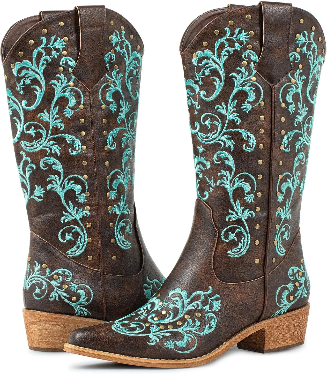 SheSole Women's Cowboy Boots Fashion Floral Embroidered Studed Style Wide Calf Cowgirl Boot Snip Toe